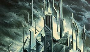Превью обои замок, облака, море, волны, арт, серый