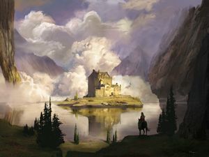 Превью обои замок, облака, озеро, арт