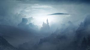 Превью обои замок, облака, туман, горы, арт