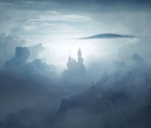 Превью обои замок, облака, туман, горы, арт