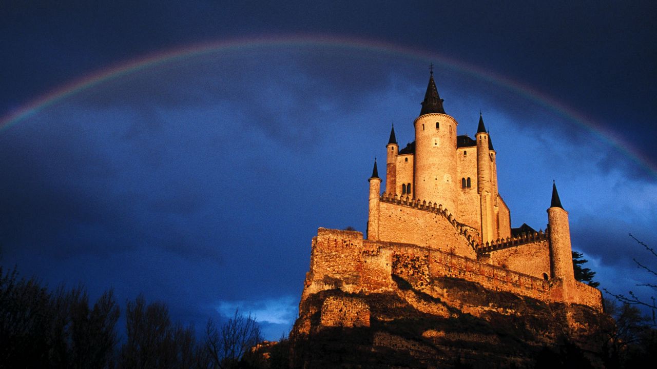 Обои замок, радуга, небо, после дождя, постройка