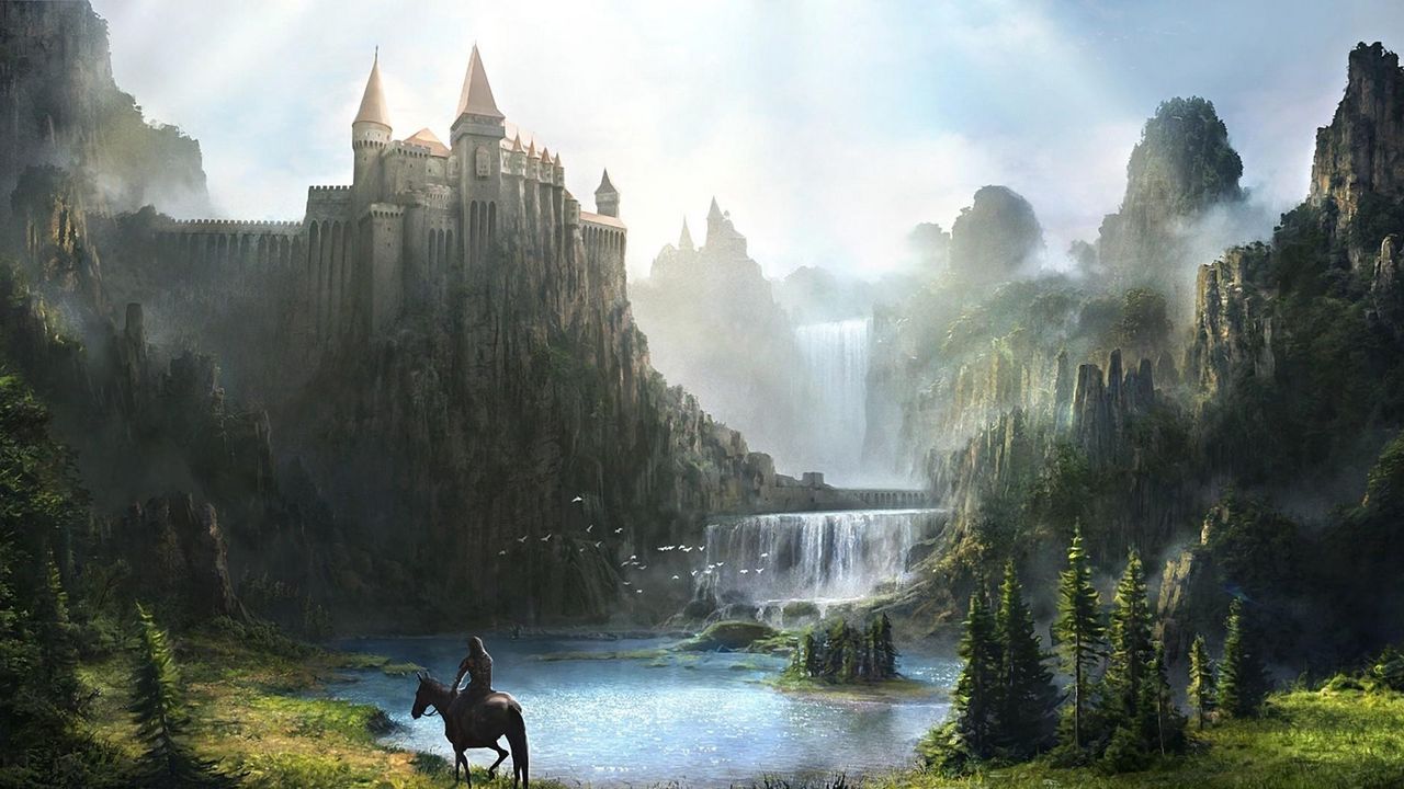 Обои замок, водопад, горы, зелень, всадник