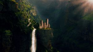 Превью обои замок, водопад, скалы, сказочный, фотошоп