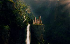 Превью обои замок, водопад, скалы, сказочный, фотошоп