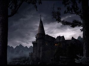 Превью обои замок, возвышение, ночь, свет, деревья, стены