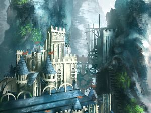 Превью обои замок, здание, архитектура, скалы, арка, арт