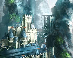 Превью обои замок, здание, архитектура, скалы, арка, арт