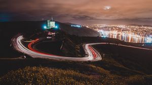 Превью обои замок, здание, холмы, длинная выдержка, свет, ночь