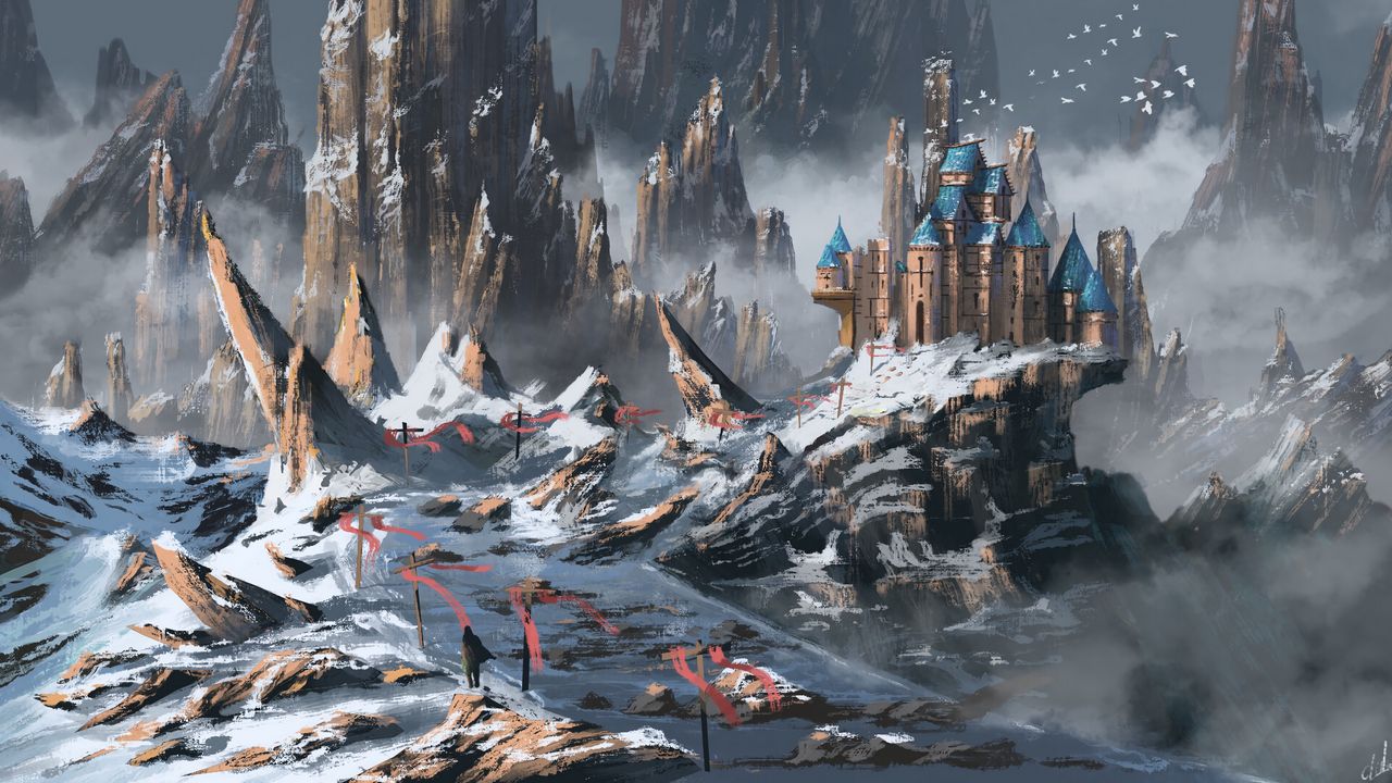 Обои замок, здание, скалы, снег, заснеженный, арт