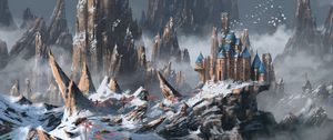 Превью обои замок, здание, скалы, снег, заснеженный, арт