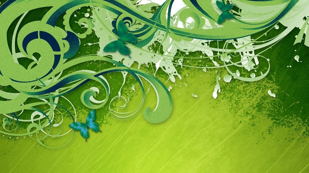 Обои завитки, зеленый фон, краска, полосы, бабочки