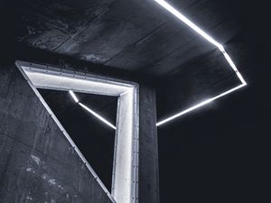 Превью обои здание, чб, фасад, неон