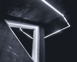 Превью обои здание, чб, фасад, неон