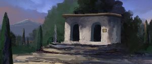 Превью обои здание, деревья, арт