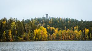 Превью обои здание, деревья, озеро, лес