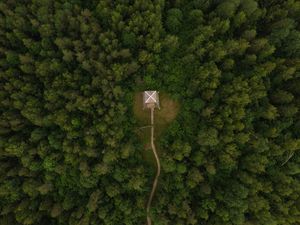 Превью обои здание, крыша, лес, вид сверху, тропнка