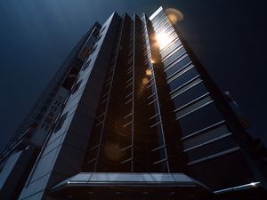 Превью обои здание, небоскреб, архитектура, блики, темный