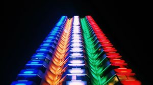 Превью обои здание, свет, разноцветный, вид снизу