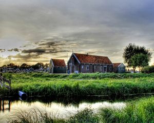 Превью обои здание, трава, мельница, река, hdr