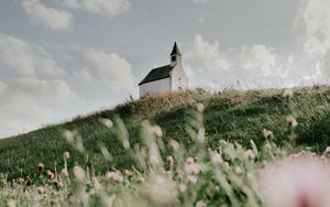 Превью обои здание, церковь, холм, цветы, трава