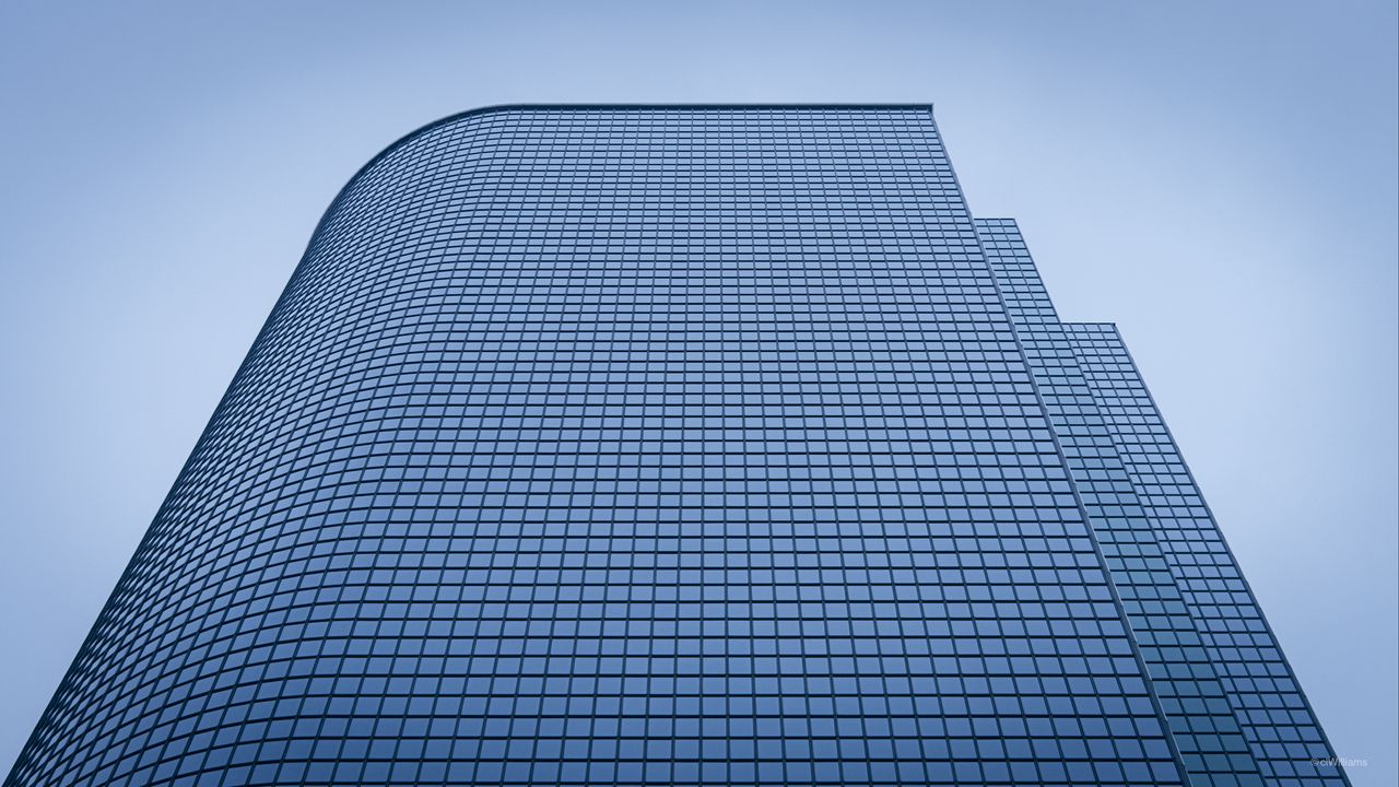 Обои здание, вид снизу, синий, фасад, линии