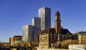 Превью обои здания, архитектура, мост, река, город, небо