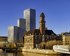 Превью обои здания, архитектура, мост, река, город, небо
