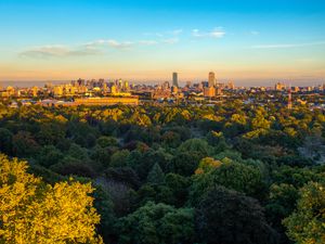 Превью обои здания, деревья, город, закат