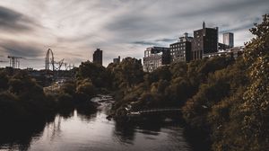 Превью обои здания, дома, деревья, река, город