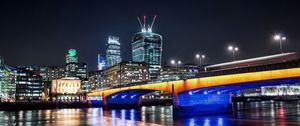 Превью обои здания, мост, река, подсветка, ночь, город
