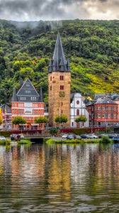 Превью обои здания, мост, река, горы, облака, город