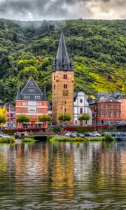 Превью обои здания, мост, река, горы, облака, город