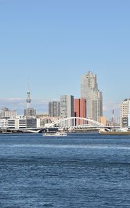 Превью обои здания, мост, теплоход, река, город