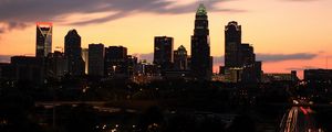 Превью обои здания, небоскребы, огни, сумерки, город