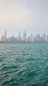 Превью обои здания, небоскребы, туман, море, город