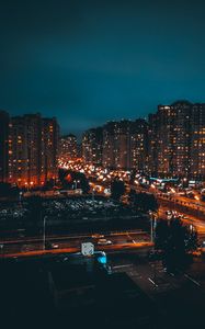 Превью обои здания, ночной город, дорога, огни, свечение