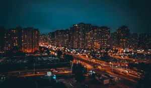 Превью обои здания, ночной город, дорога, огни, свечение