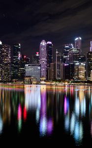 Превью обои здания, огни, река, отражение, ночь, город, сингапур