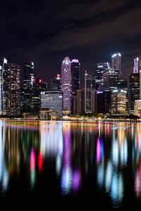 Превью обои здания, огни, река, отражение, ночь, город, сингапур