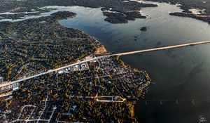 Превью обои здания, острова, мост, река, вид сверху, город