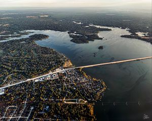 Превью обои здания, острова, мост, река, вид сверху, город