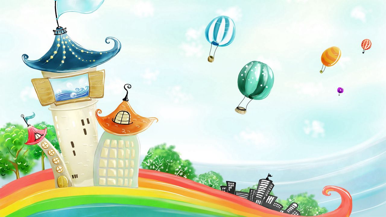 Обои здания, радуга, воздушные шары, природа