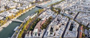 Превью обои здания, река, город, мост, вид сверху