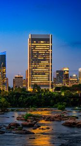 Превью обои здания, река, мост, свет, город, темный