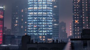 Превью обои здания, смог, туман, небоскребы, ночной город