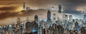 Превью обои здания, туман, небоскребы, город, ночь