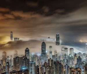 Превью обои здания, туман, небоскребы, город, ночь