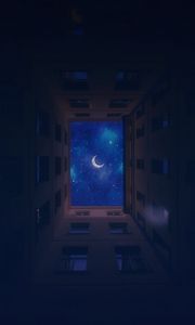 Превью обои здания, вид снизу, луна, звезды, небо, ночь