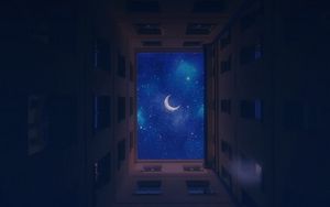 Превью обои здания, вид снизу, луна, звезды, небо, ночь