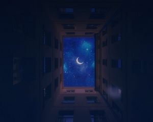 Превью обои здания, вид снизу, луна, звезды, небо, ночь